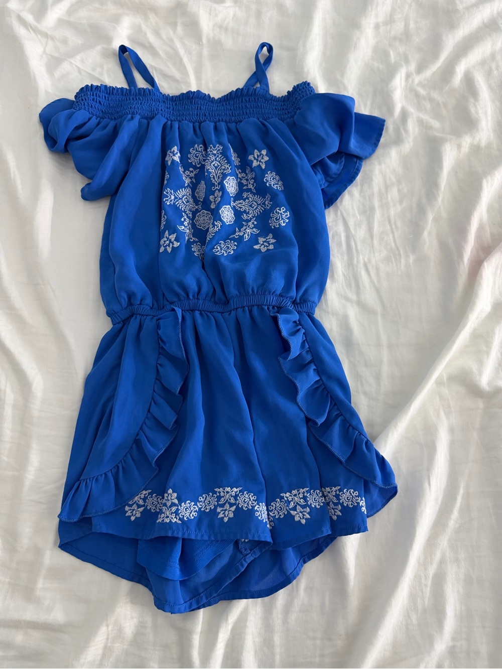 bebe Royal Blue Off-Shoulder Embroidered Romper